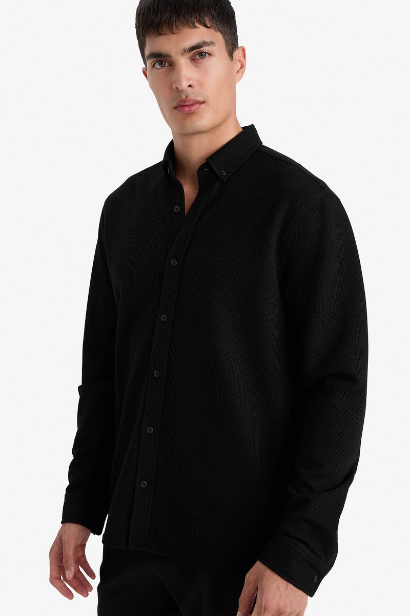 DeFacto Black Man Regular Fit Polo Collar Long Sleeve Shirt Casual - Image 4